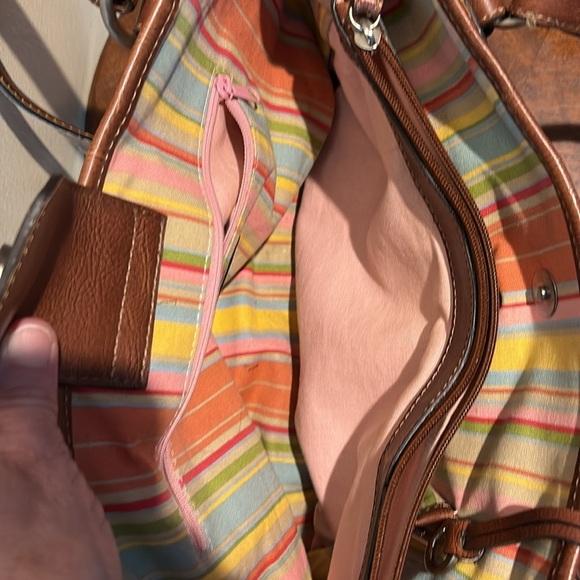 Fossil Vintage Straw bag/leather trim cinnamon brown/brown Silvertone 3 compart - Picture 4 of 17